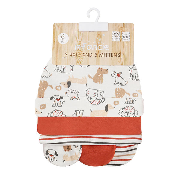 Motherschoice Baby Striped & Dogs Themed 3 Hats & 3 Pair Mittens Set Multicolor IT4987 Age- Newborn to 6 Months