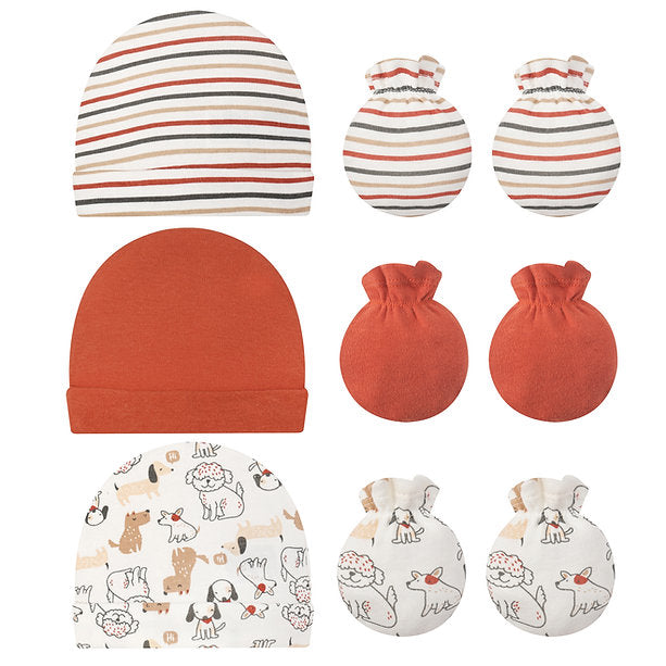 Motherschoice Baby Striped & Dogs Themed 3 Hats & 3 Pair Mittens Set Multicolor IT4987 Age- Newborn to 6 Months