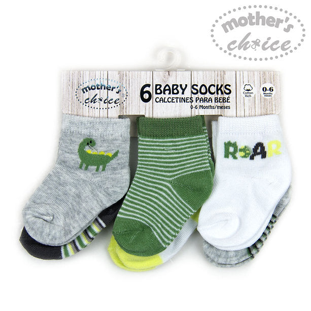 Motherschoice Baby's Dinosaur Themed 6 Pack Socks Green/White/Grey IT3841 Age- Newborn to 6 Months