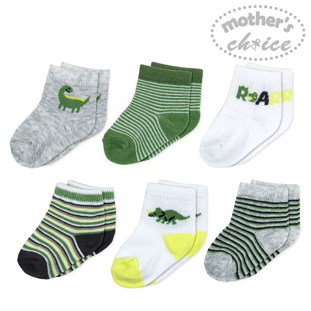 Motherschoice Baby's Dinosaur Themed 6 Pack Socks Green/White/Grey IT3841 Age- Newborn to 6 Months