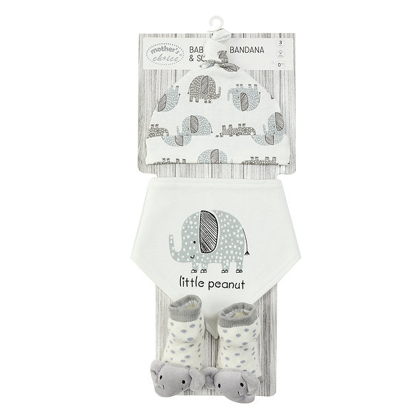 Motherschoice Cute Little Peanut Elepahnt Baby Set of 3 (Hat + Bib + Socks) White/Grey IT4755 Age- Newborn & Above