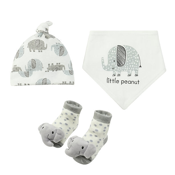 Motherschoice Cute Little Peanut Elepahnt Baby Set of 3 (Hat + Bib + Socks) White/Grey IT4755 Age- Newborn & Above