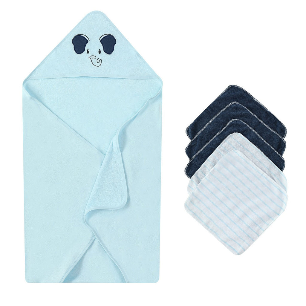 Motherschoice Elephant Hooded Towel with 5 Face Cloths Blue/Multicolor IT4740 Age- Newborn to 4 Years 