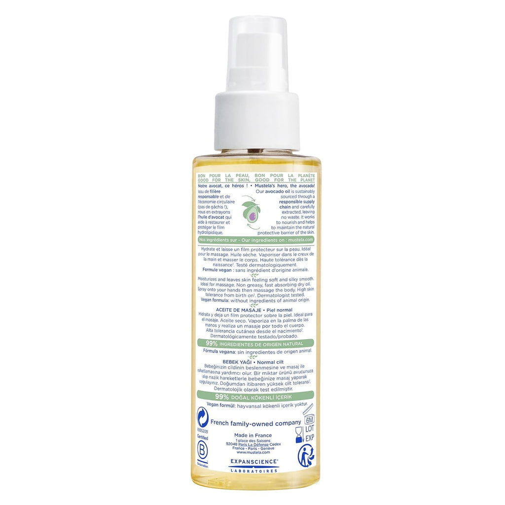 Mustela Baby Moisturizing Oil for Massage with Natural Avocado, Pomegranate & Sunflower Oil 100 Ml Age- Newborn & Above