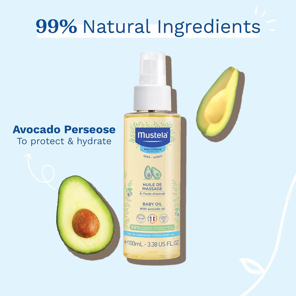 Mustela Baby Moisturizing Oil for Massage with Natural Avocado, Pomegranate & Sunflower Oil 100 Ml Age- Newborn & Above