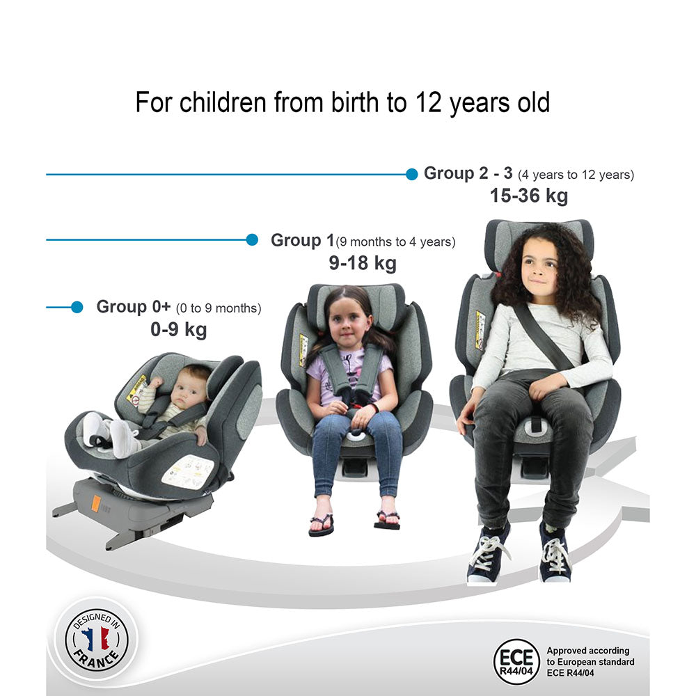 Nania One 360Â° Rotation Convertible Car Seat Grey Melange for Group Newborn+/1/2/3 Age-Newborn to 12 Years (Holds upto 36 Kgs)