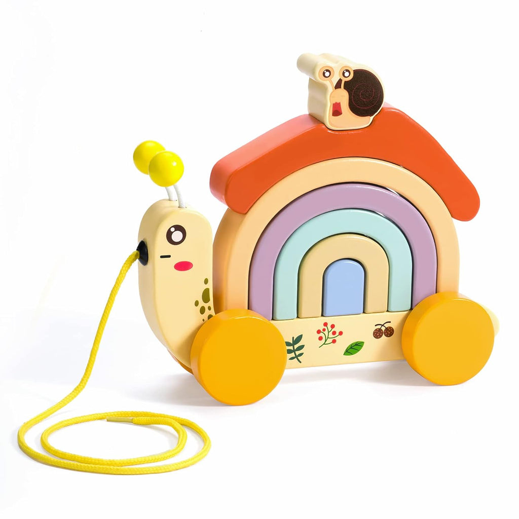 Toddlers 2-in-1 Wooden Snail Pull Along Toy with Rainbow Stacker (HKC1013)  Age- 18 Months & Above