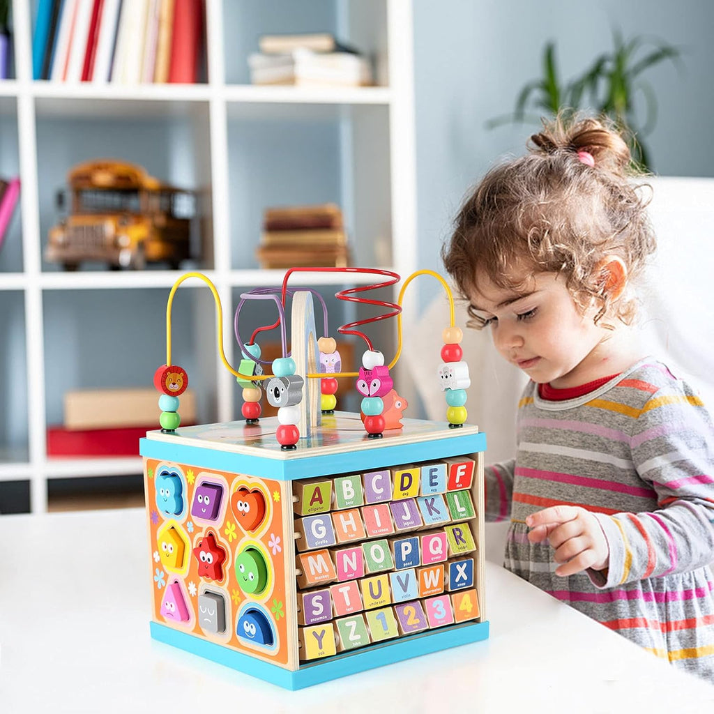 Toodlers 5-in-1 Wooden Intelligence Activity Cubic Learning Set with Alphabets & Maze (HK1444) Age- 18 Months & Above