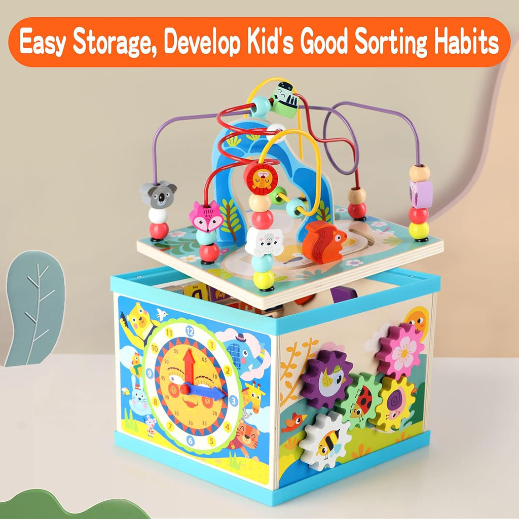 Toodlers 5-in-1 Wooden Intelligence Activity Cubic Learning Set with Alphabets & Maze (HK1444) Age- 18 Months & Above