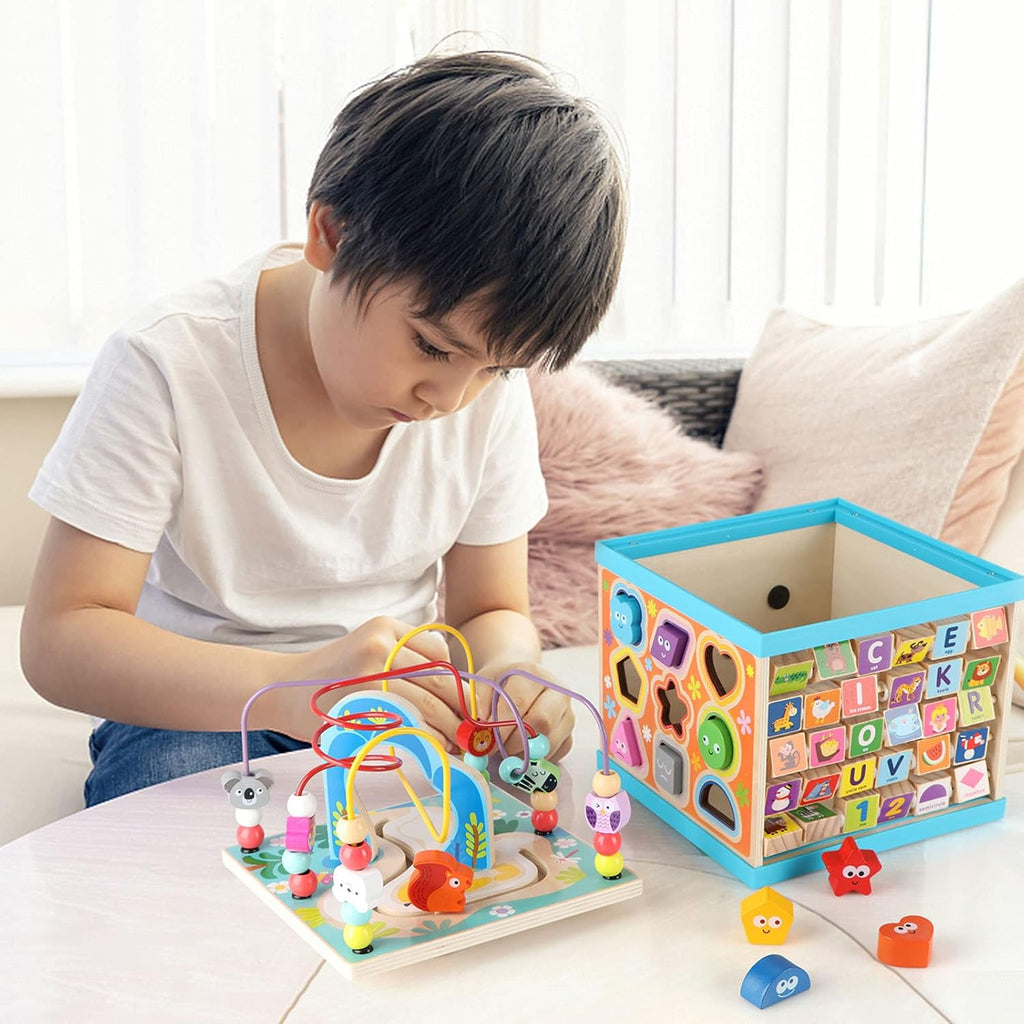 Toodlers 5-in-1 Wooden Intelligence Activity Cubic Learning Set with Alphabets & Maze (HK1444) Age- 18 Months & Above