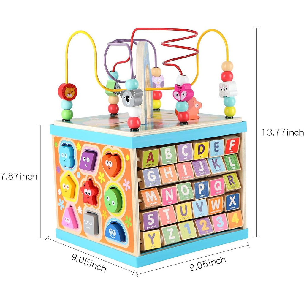 Toodlers 5-in-1 Wooden Intelligence Activity Cubic Learning Set with Alphabets & Maze (HK1444) Age- 18 Months & Above