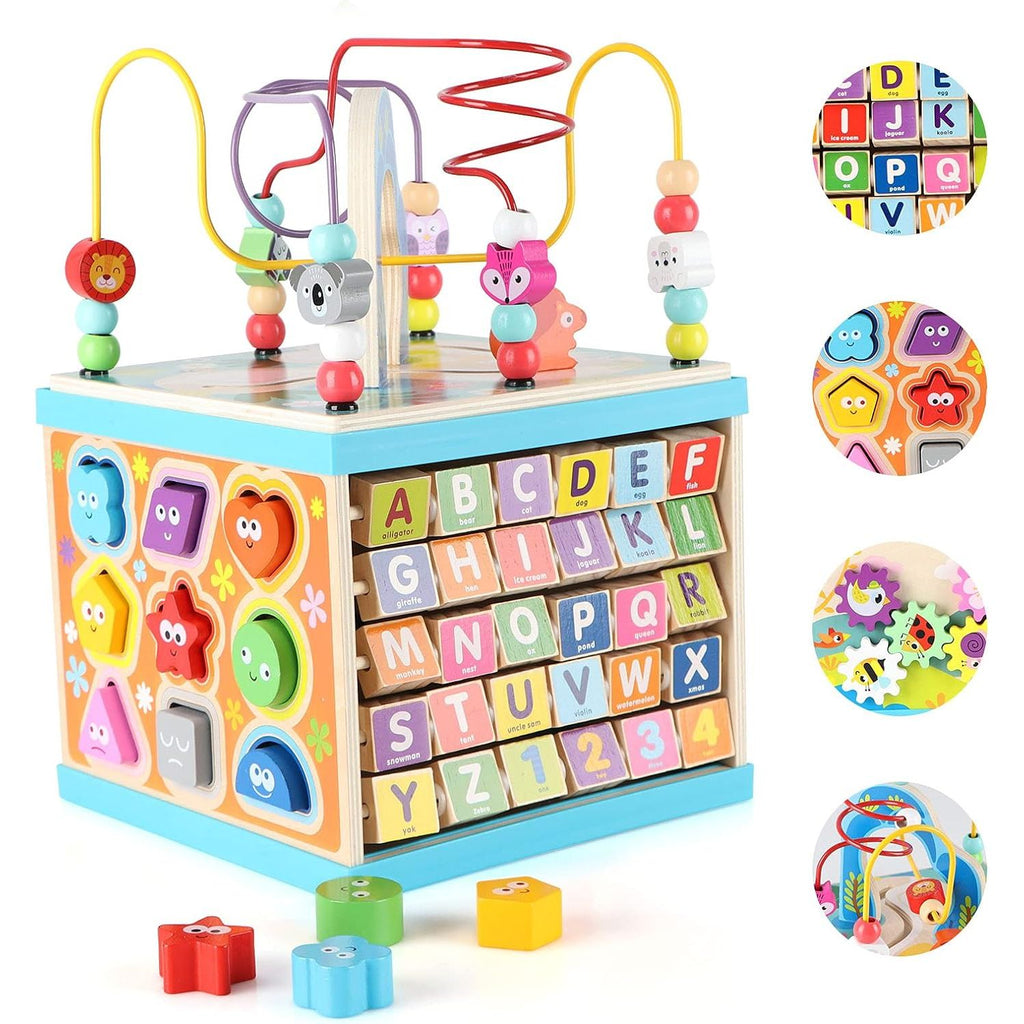 Toodlers 5-in-1 Wooden Intelligence Activity Cubic Learning Set with Alphabets & Maze (HK1444) Age- 18 Months & Above