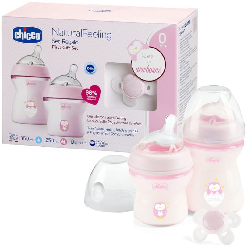 Chicco Natural Feeling Baby Girl First Feeding Bottle Gift Set Pack of 2 150Ml/250Ml Pink  Age- Newborn & Above