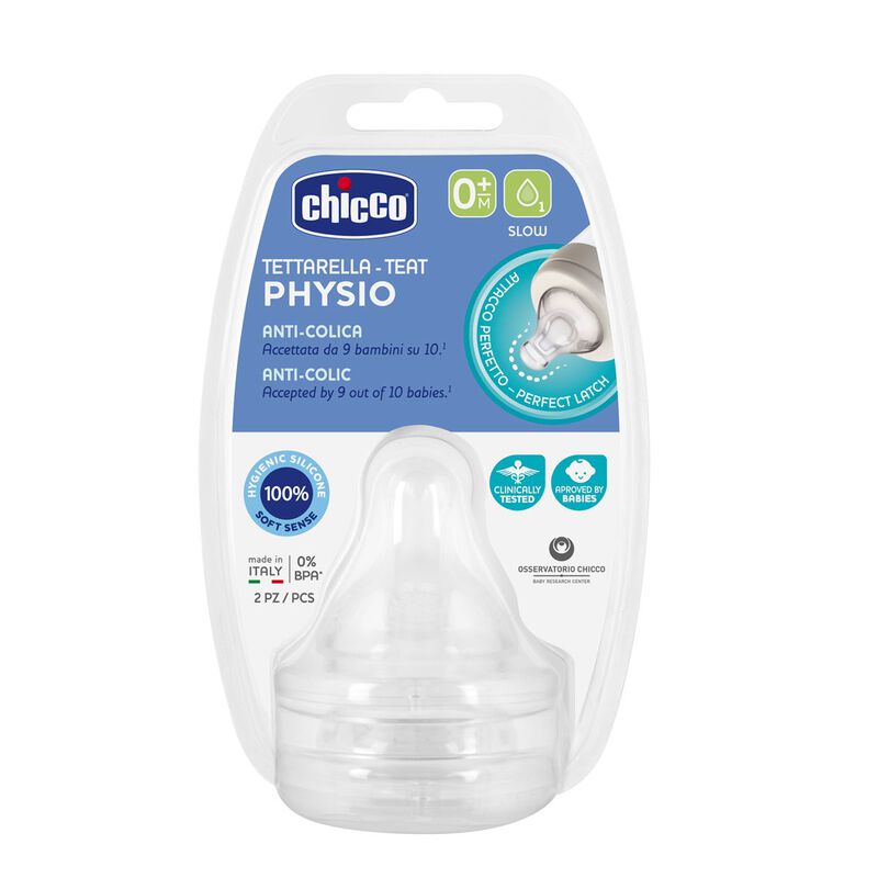 Chicco Physio Anti-Colic Slow Flowing Baby Teats Pack of 2 Transparent Age- Newborn & Above