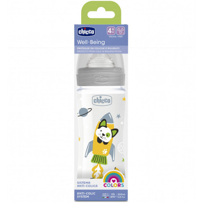 Chicco Well Being Fast Flowing Feeding Bottle 330Ml Neutral Grey Age- 3 Months & Above