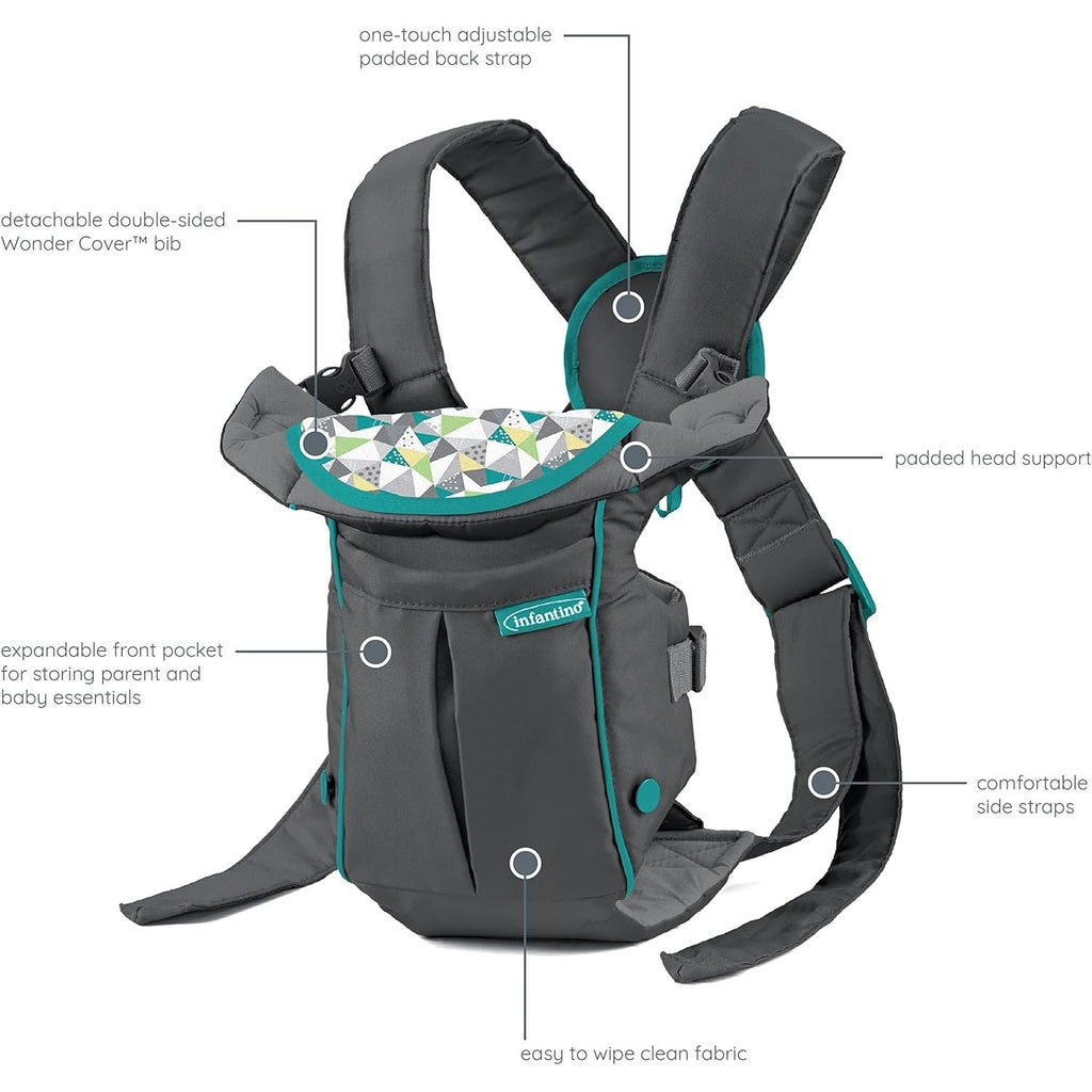 Infantino Swift Classic Carrier with Wonder Bib & Essentials Storage Front Pocket Grey  Age- 3 Months & Above (Holds upto 12 Kg)