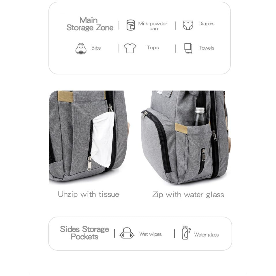 Pibi 2-in-1 Multifunctional Mommy Diaper Backpack with Invisible Changing Mat Grey