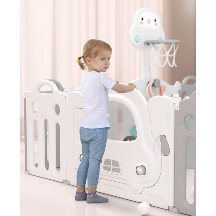 Pibi 2 in 1 Foldable Car Playpen White & Grey (14+2 Pieces) with a Basketball Hoop Age- 6 Months to 3 Years