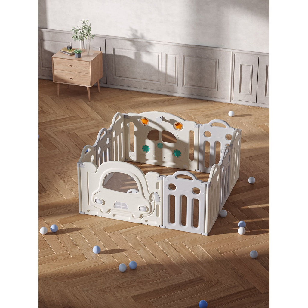 Pibi 2 in 1 Foldable Car Playpen White & Grey (8+2 Pieces) with a Basketball Hoop Age- 6 Months to 3 Years