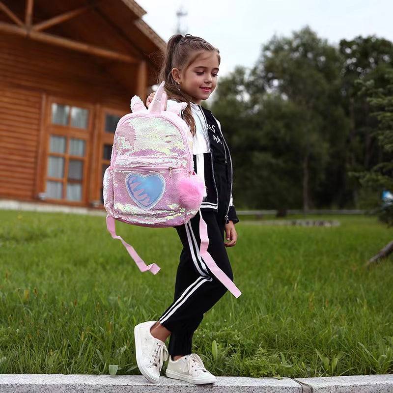 Pibi  Cute Unicorn Sequin Backpack with Pompom Keychain- 14 Inch  Baby Pink Age- 3 Years & Above