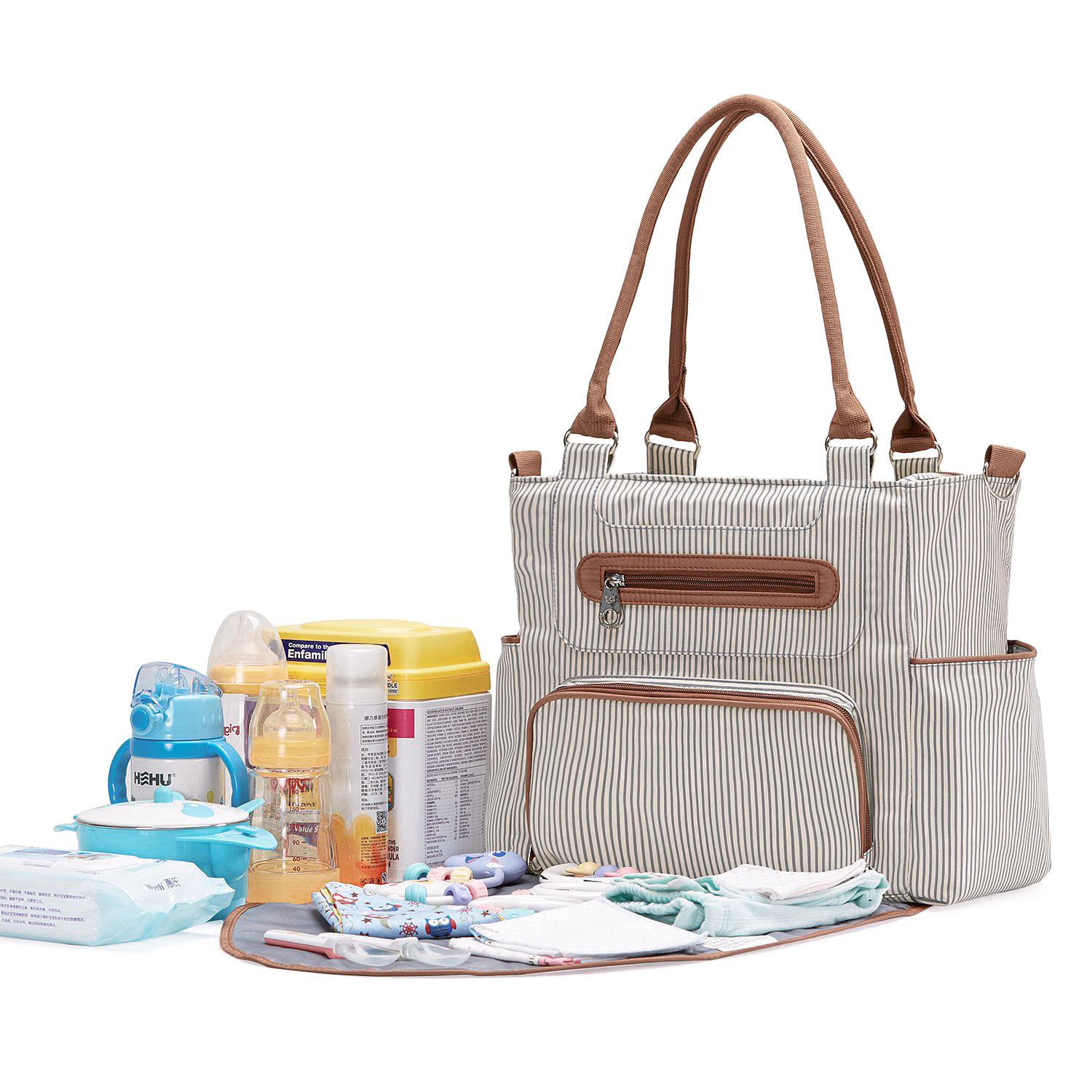 Pibi Multipurpose Diaper Tote Bag with Hooks Set of 7 Black/Ivory
