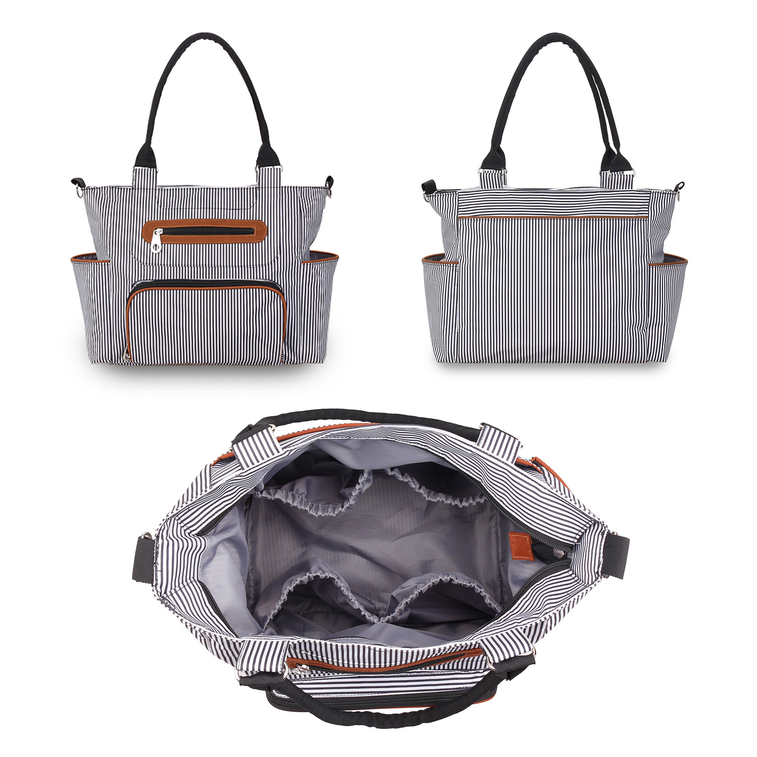 Pibi Multipurpose Diaper Tote Bag with Hooks Set of 7 Black/Ivory