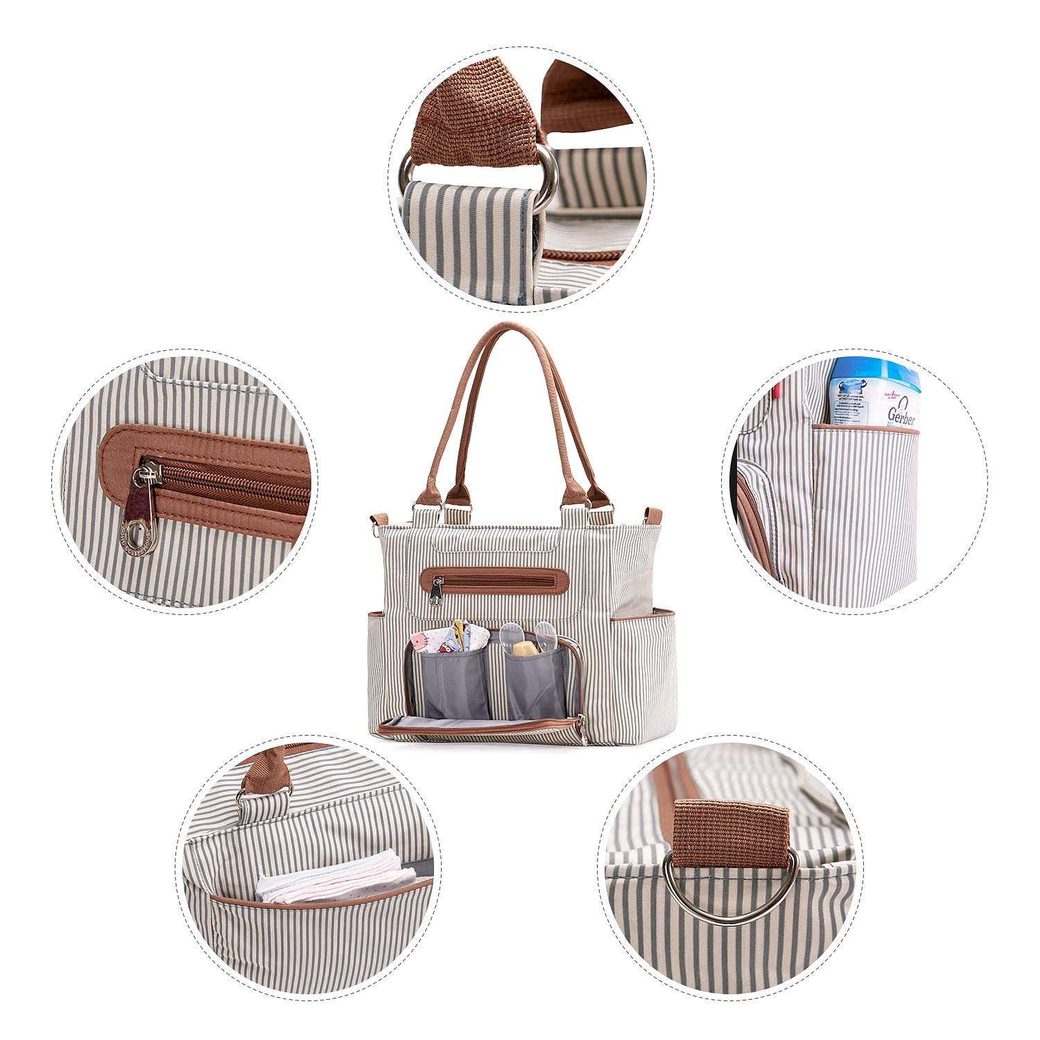 Pibi Multipurpose Diaper Tote Bag with Hooks Set of 7 Black/Ivory
