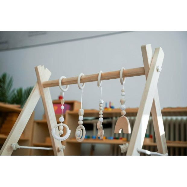 Pibi Wooden Foldable Play Gym Wooden Baby Gym with 4 Toys Natural White Age 3 Months Above Peekaboo