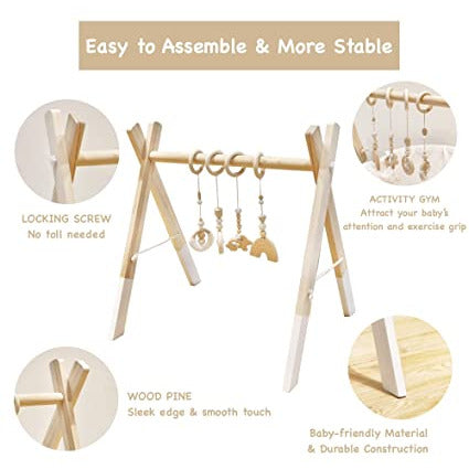 Pibi Wooden Foldable Play Gym Wooden Baby Gym with 4 Toys Natural/White Age- 3 Months & Above