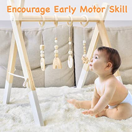 Pibi Wooden Foldable Play Gym Wooden Baby Gym with 4 Toys Natural/White Age- 3 Months & Above