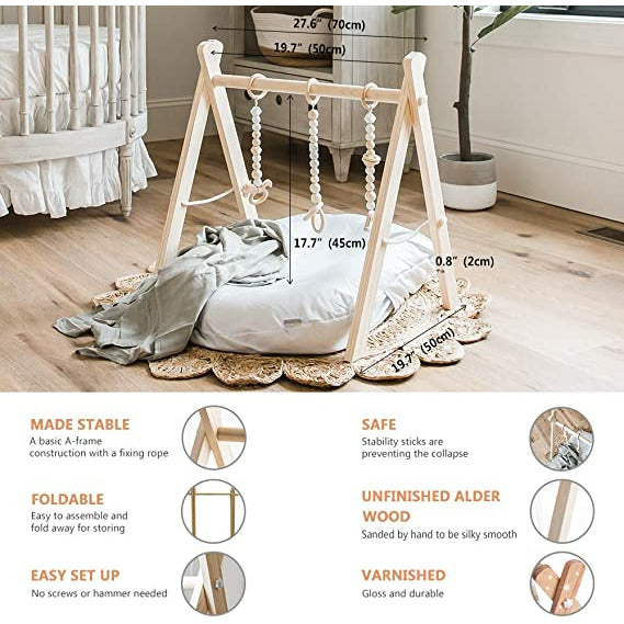 Pibi Wooden Foldable Play Gym Wooden Baby Gym with 4 Toys Natural/White Age- 3 Months & Above