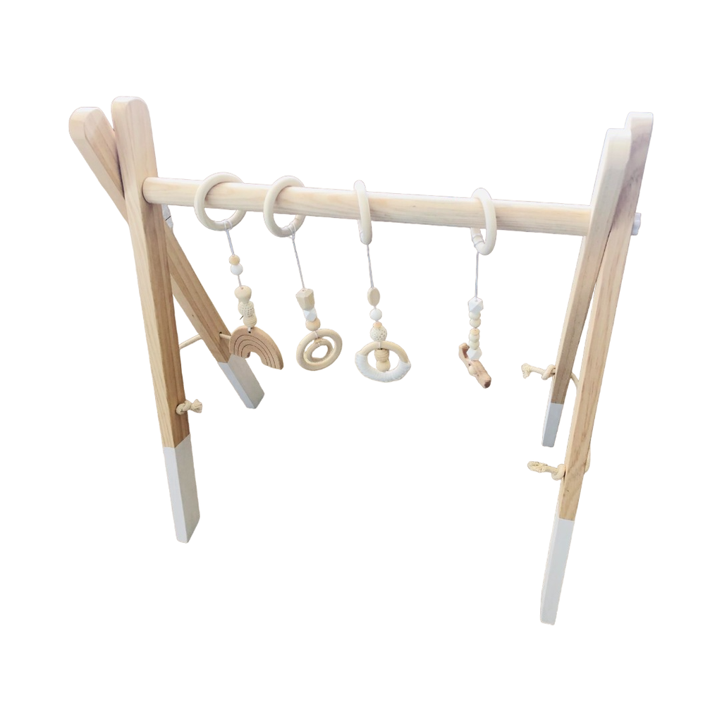 Pibi Wooden Foldable Play Gym Wooden Baby Gym with 4 Toys Natural/White Age- 3 Months & Above